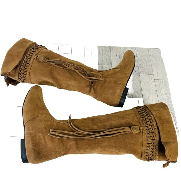 Mudd Womens Reto Tall Boots Size 6.5 Cognac Brown Hippie Bohemian Fringe Tassel - Picture 7 of 14